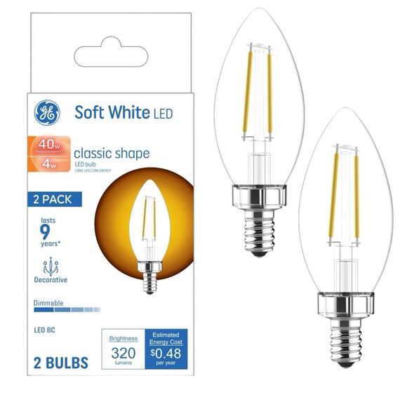 NEW GE Soft White 40W Decorative Candelabra Base LED 2 Light Bulbs E12 Dimmable! - Picture 1 of 7